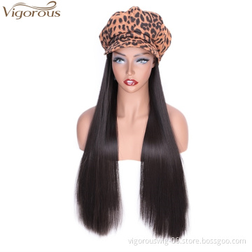 Vigorous Black Synthetic Fiber Wig With Orange Leopard Hat For Women Straight Heat Resistant Glueless Hair Wigs